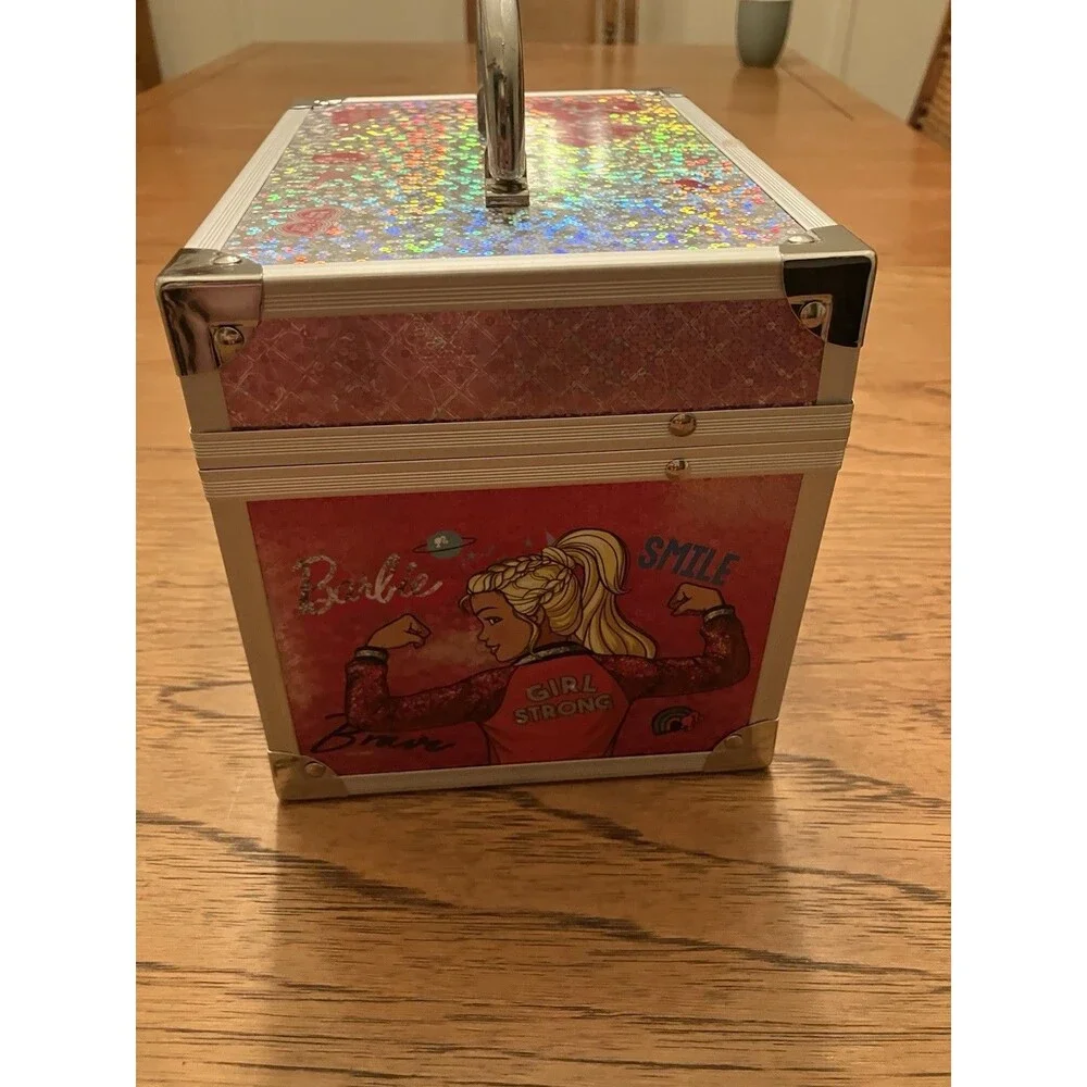 Barbie Metal Jewelry Box Silver/Pink Rectangular Carry Case w/ Handle Latch